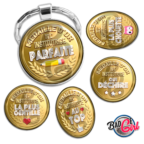 Médaille d'or institutrice - 60 images pour cabochon rond et ovale - page digitale pour cabochon et/ou badge