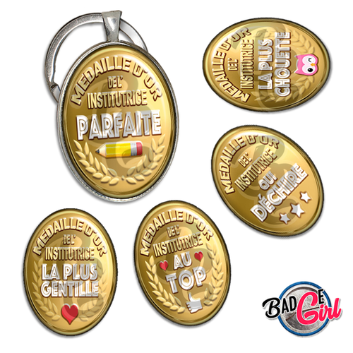 Médaille d'or institutrice - 45 images pour cabochon ovale - page digitale pour cabochon et/ou badge
