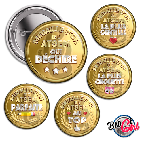 Médaille d'or atsem - 20 images digitales numériques badge 38mm- page digitale pour cabochon et/ou badge