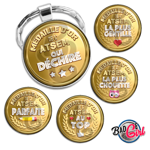 Médaille d'or atsem - 45 images pour cabochon rond- page digitale pour cabochon et/ou badge