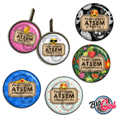 Profession atsem - 45 images pour cabochon rond - page digitale pour cabochon et/ou badge