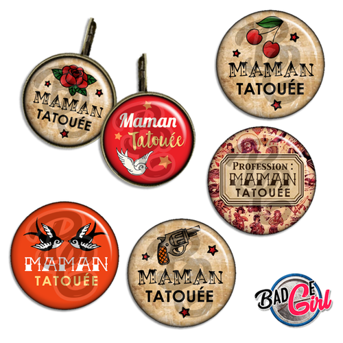 Maman tatouée - 45 images pour cabochon rond - page digitale pour cabochon et/ou badge