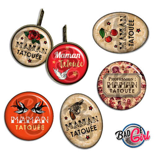 Maman tatouée - 60 images pour cabochon rond et ovale - page digitale pour cabochon et/ou badge