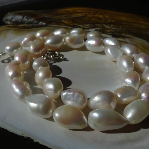Collier perle de culture d'eau douce, perle blanche, forme baroque, longueur44cm possible sur mesure