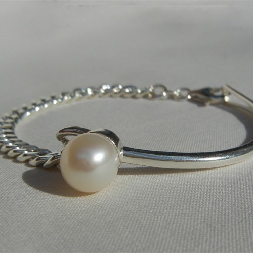 Bracelet jonc perle de culture d'eau douce, bracelet en argent massif 925, perle de culture couleur blanche