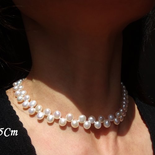 Collier choker deux rangs petites perles de culture d'eau douce, perle forme demi-ronde,blanc