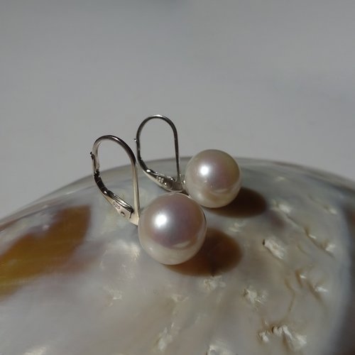 Boucles d'oreilles grosse perle de culture d'eau douce, 10.2 ou 10.7mm à choisir, crochet dormeuse fermé en argent massif 925