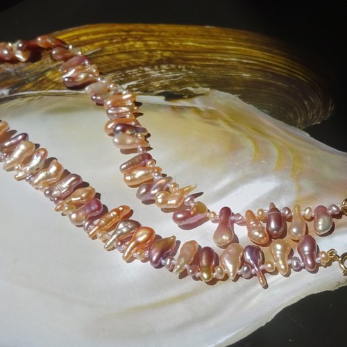 Collier ras du cou en perle de culture d'eau douce, petites perles forme baroque, fermoir gold filled 14k,