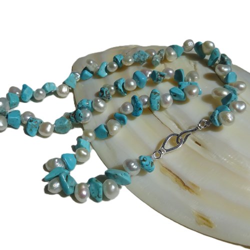 Collier choker petites perles de culture d'eau douce et pierre turquoise, 40cm ou longueur possible sur mesure