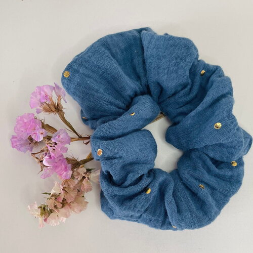 Chouchou, scrunchie en coton attache les cheveux, accessoires poignet double gaze bleu canard