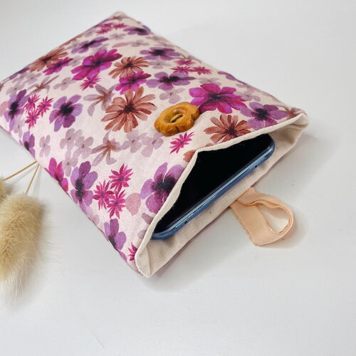 Pochette en tissu pour téléphone portable jolie fleurs aster (max. 8,5cm de largeur)