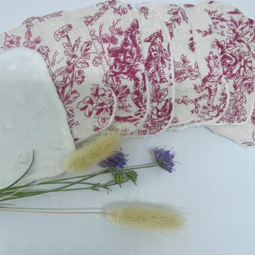 Coton lavable réutilisable – lot de 7 lingettes démaquillantes écologiques – salle de bain zéro déchet - toile de jouy rose