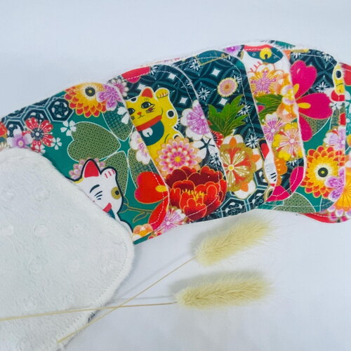 Coton lavable réutilisable – lot de 7 lingettes démaquillantes écologiques – salle de bain zéro déchet - maneki neko