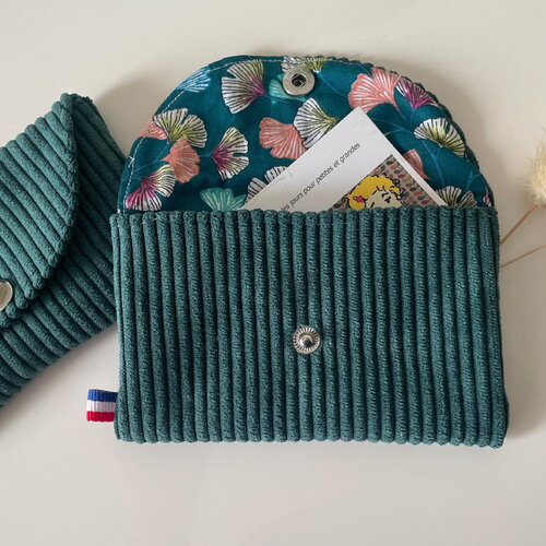 Porte cartes en velours côtelé vert émeraude et coton ginkgo biloba