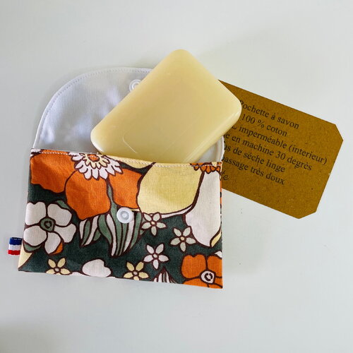 Pochette à savon ou shampooing solide grosses fleurs seventies