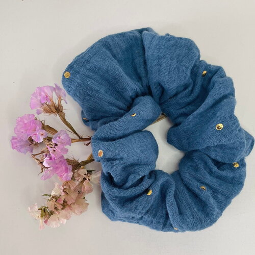 Chouchou, scrunchie en coton attache les cheveux, accessoires poignet double gaze bleu canard