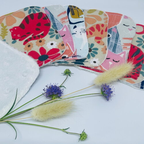 Coton lavable réutilisable – lot de 7 lingettes démaquillantes écologiques – salle de bain zéro déchet - motifs chats