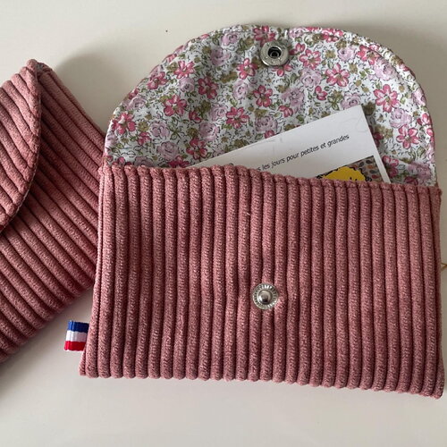 Porte cartes en velours côtelé vieux rose et coton fleuri