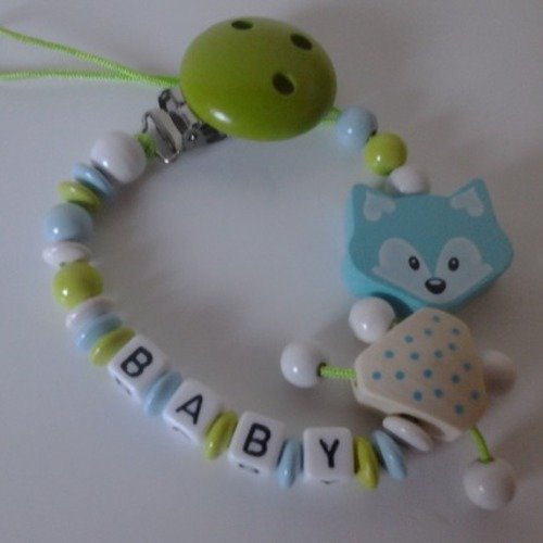 Attache tétine perles bois, renard articulé, ton vert, bleu,blanc 
