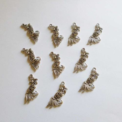 10 pendentifs oiseaux phoenix en métal argenté  32x13mm 