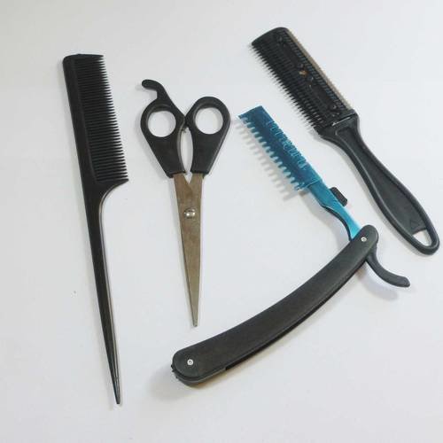 Kit 4 accessoires pour cheveux ciseaux peigne effileur rasoir