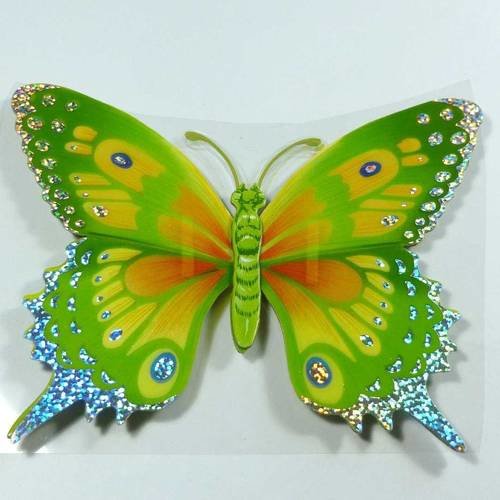 Réf.23 sticker en 3d, papillon, autocollant, couleurs  vert, jaune, argenté,   14,5x11cm