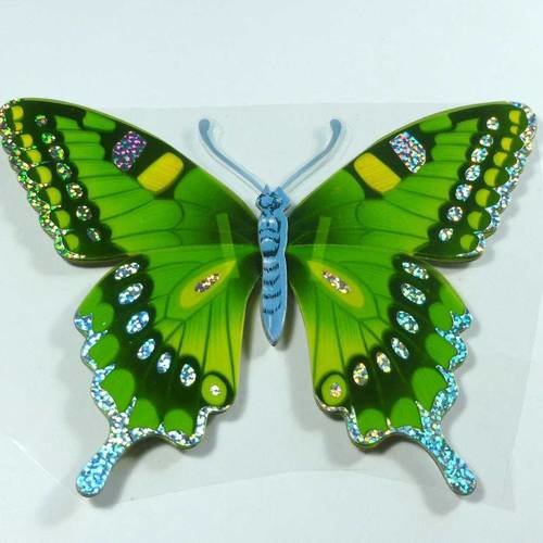 Réf.11 sticker en 3d, papillon, autocollant vert, bleu, argenté,   15,5x12cm