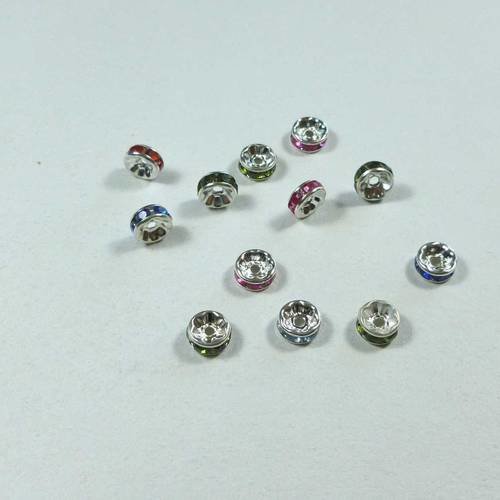 11 perles spacer rondes en métal argenté strass couleur 7mm