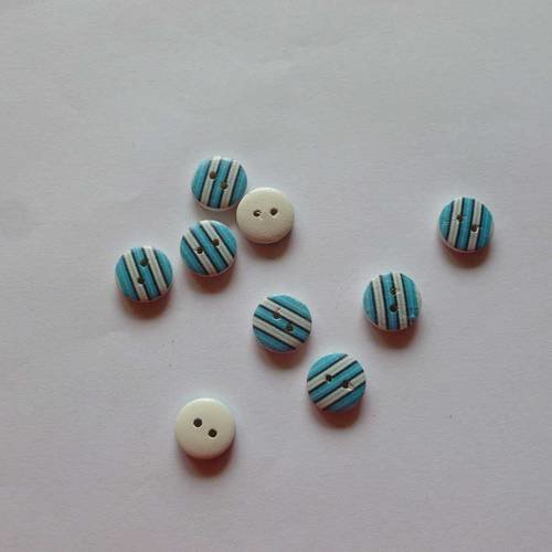 10 boutons ronds en bois bleu clair et blancs 16mm