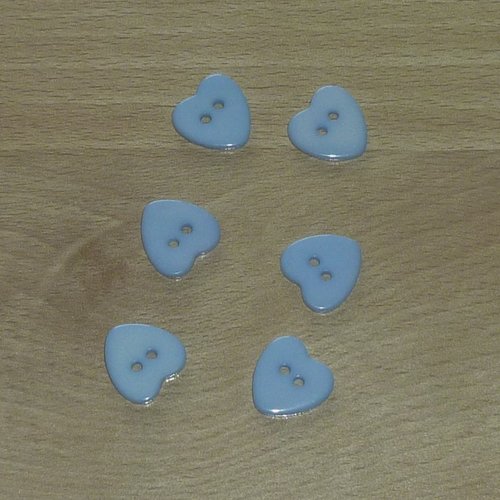 6 boutons coeur bleu clair 15mm