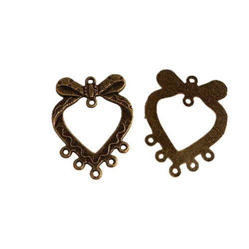 4 connecteurs coeur orné de son noeud en métal bronze de 37x28 mm cob99