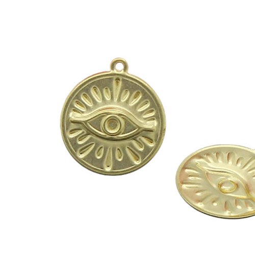 4 pendentifs œil dans un rond en laiton doré,  23 x 20 mm, br198