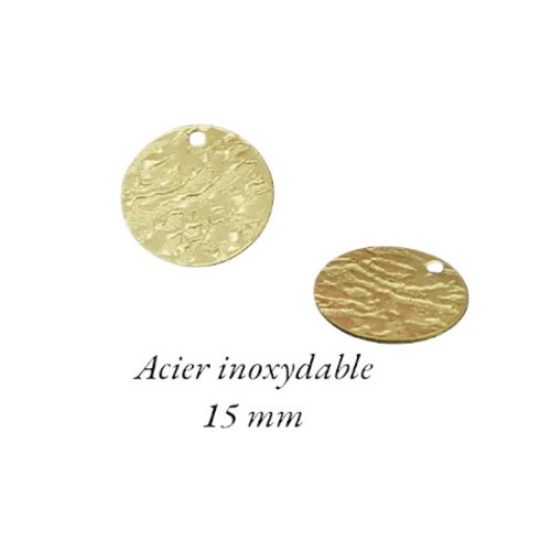 4 breloques sequin rond, effets en relief, 15 mm, acier inoxydable doré, placage ionique, ac18