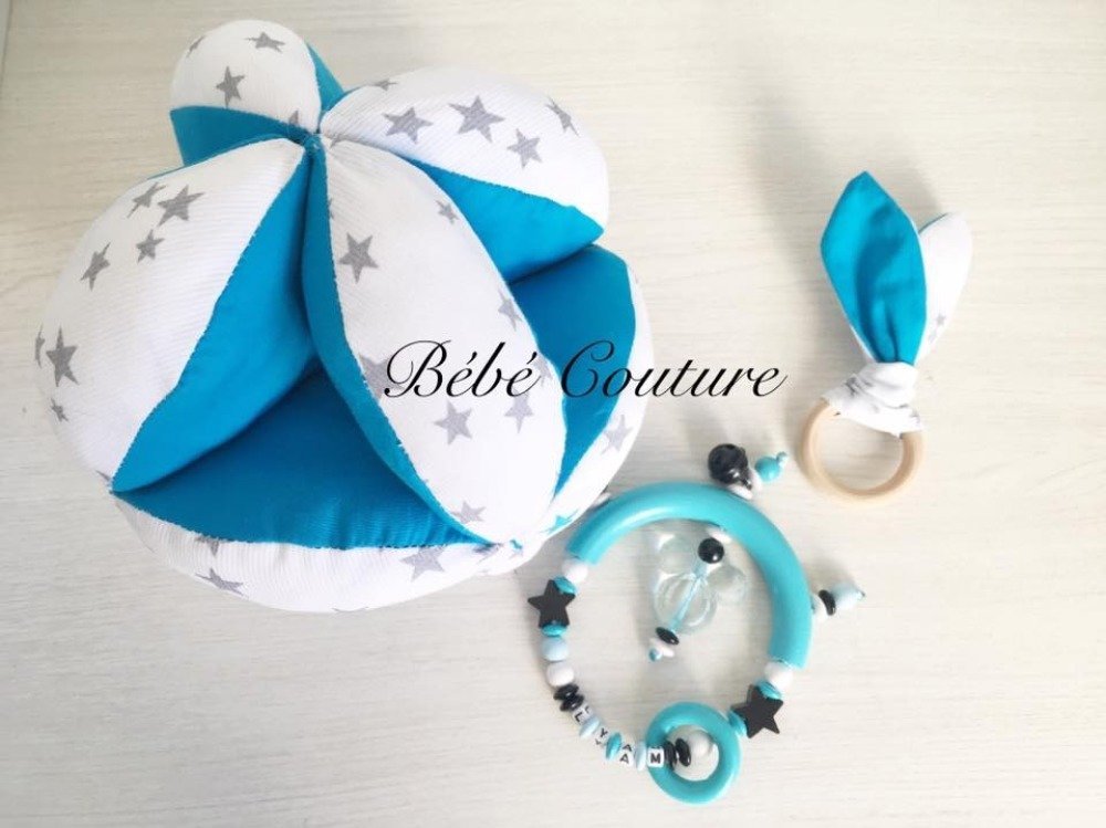 Pack Eveil Bebe Couture Turquoise Gris Blanc Etoile Balle Montessori Anneau De Dentition Hochet Un Grand Marche