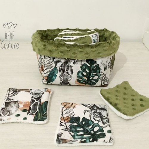 Panière minky vert jungle / tissu savane avec ses 10 lingettes réutilisables