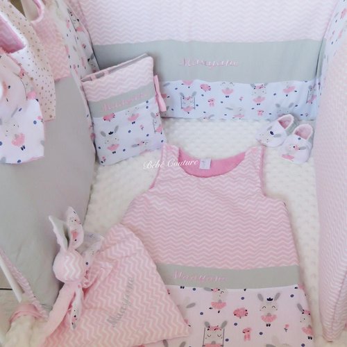 Chambre bébé fille à personnaliser ? thème lapin rose/blanc/gris