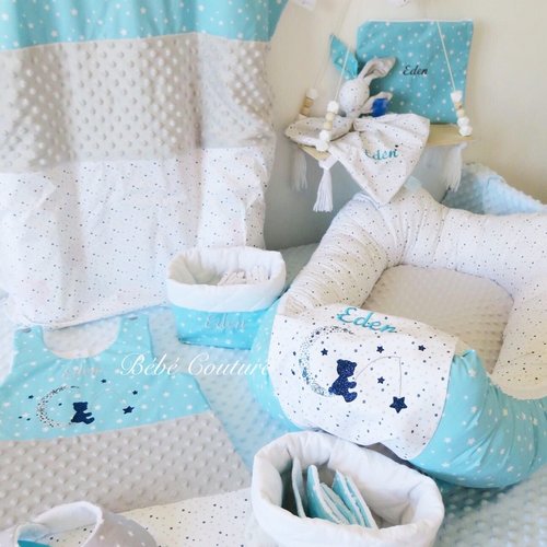 Coffret Bebe Reveur Bleu Turquoise Blanc Etoile Gris Minky Un Grand Marche