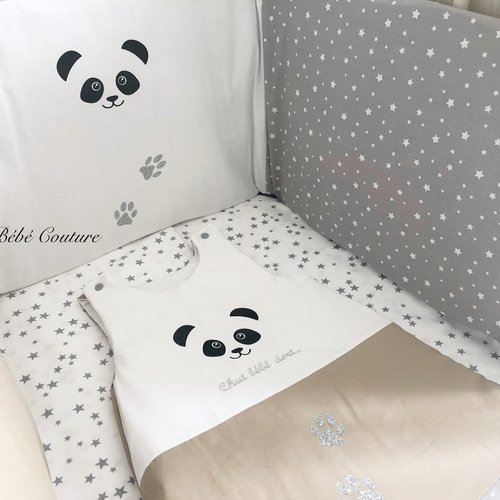 Ensemble tour de lit - gigoteuse panda gris/sable/blanc