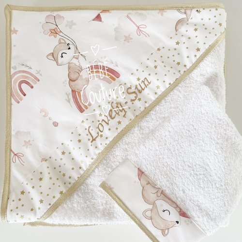 Ensemble cape de bain-gant personnalisé thème bébé renard arc en ciel blanc / rose / doré