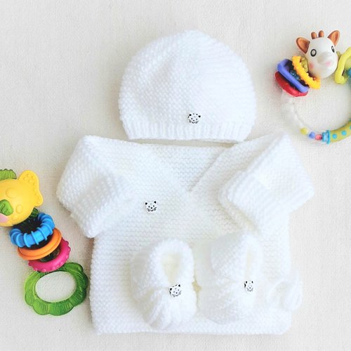 Ensemble bébé brassière bonnet chaussons, tricot, laine, layette, cadeau  naissance, boutons chat - Un grand marché
