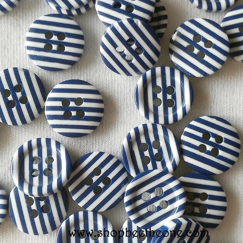 Lot de 4 boutons ronds en plastique - 4 trous - 13 mm - rayé blanc et bleu marine