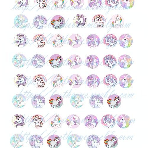 Images Digitales Pour Cabochons Mix Licornes Kawaii 53 Images 20 Mm A Télécharger Et Imprimer