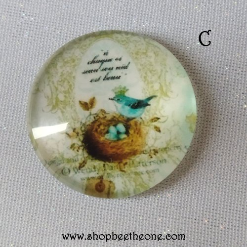 Cabochon verre rond strass demi-perle - 25 mm - oiseau couronné - modèle c - cabochon illustré