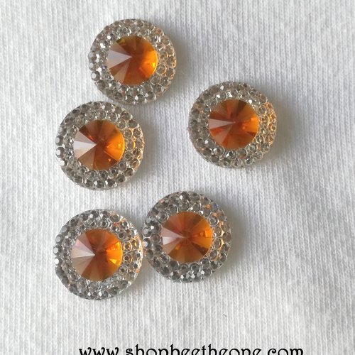 Cabochon rond strass et pierre colorée - orange - 12 mm - pour bijoux, décoration, scrapbooking...