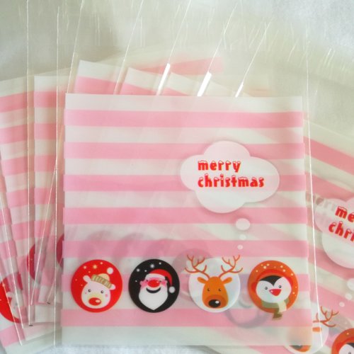 Sachet emballage auto-adhésif "merry christmas" pour petits cadeaux, biscuits... - 10 x 10 cm - rayures roses