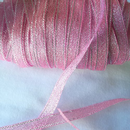 Ruban fantaisie organza bicolore brillant - 7,5 mm x 1 m - rose/argenté - pour scrapbooking, décoration, couture...