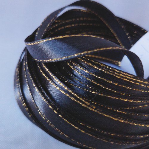 1 mètre de ruban satin - 10 mm - noir avec bordures dorées - pour couture, scrapbooking, décoration...