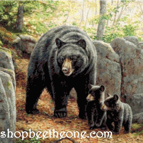 Diagramme grille digitale broderie au point de croix - "maman ourse et ses petits dans la forêt" - collection "dans la forêt"