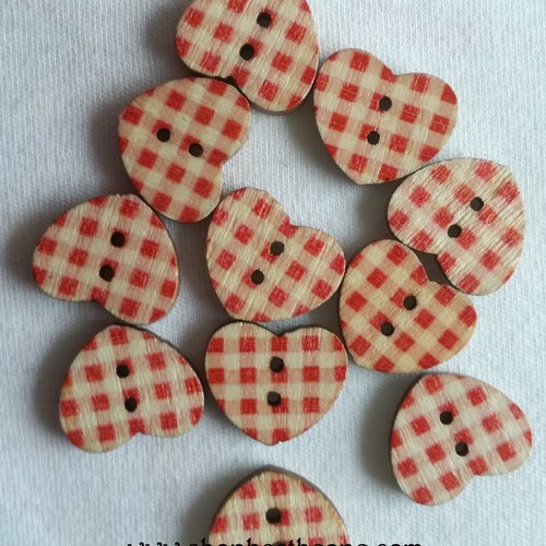 Bouton "petit coeur carreaux vichy" en bois façon vintage - rouge