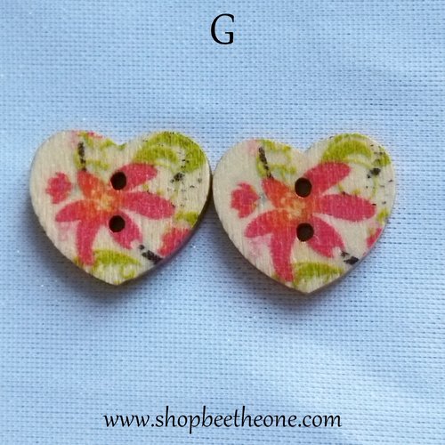 Bouton petit coeur "fleurs roses et rouges" en bois façon vintage - 17 mm - modèle g